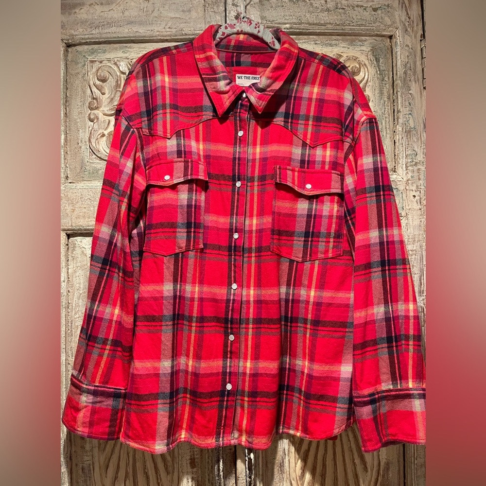 NWOT We the Free, Free People Hideaway Plaid Shirt /Red Berry Combo, XL/